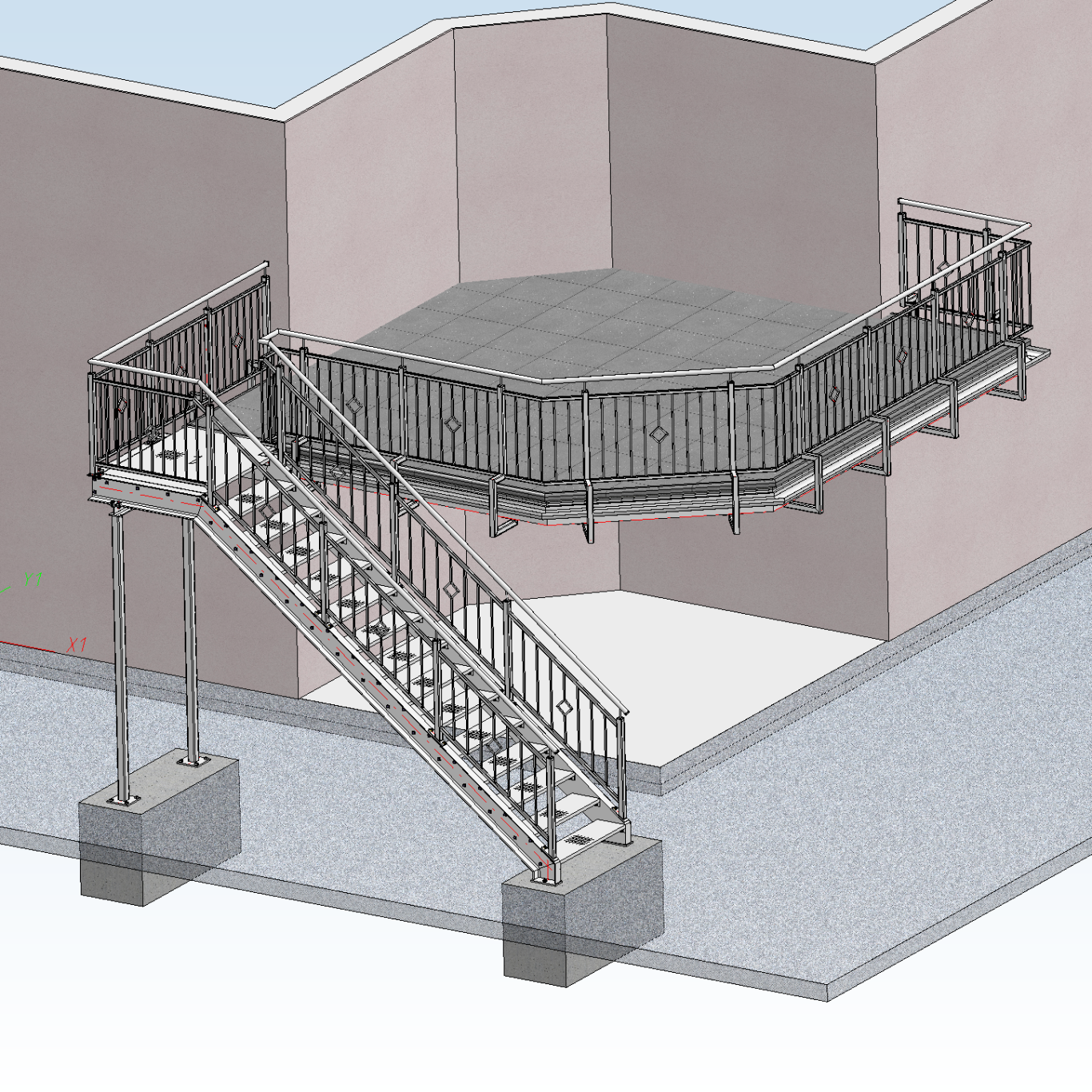 Treppe, Balkon, Geländer (S235JR Baustahl & 1.4301/1.4307 Edenstahl), Halbzeug U-Profil, Rundrohr, Vierkantrohr, Flaschstahl, Stahlbau, Matallbau, HI-CAD, 3D, Zeichnung, Treppenanlage mit Plattform, Brüstungen und seitlichem Zugang.